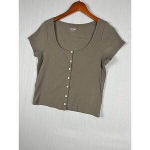 Old Navy Scoop Neck Rib Tee L Brown Button Front Cottagecore Y2K Style